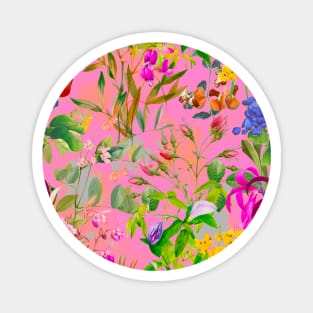 Cool tropical floral leaves botanical illustration, tropical plants, leaves and flowers, pink leaves pattern Magnet